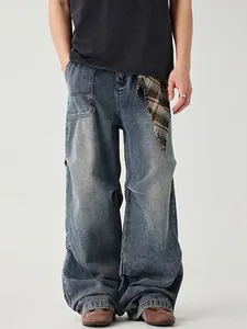 Men American Retro High Street Distressed Denim Jeans Vintage Baggy Cargo Pants With Pleated Side Detail Streetwear