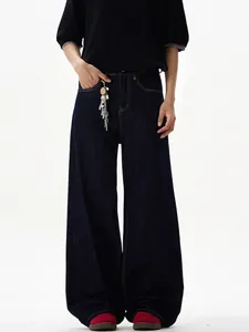 Men High Waisted Wide Leg Jeans American High Street Style Raw Denim Pants With Contrast Stitching Retro Loose Fit Trouser