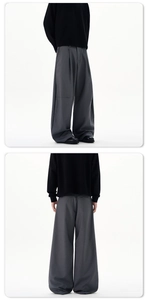 Detailed views of gray wide-leg trousers showing drape texture and back seam details