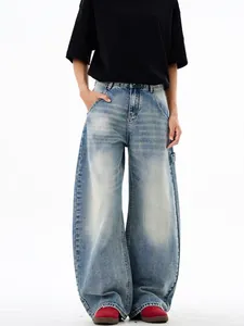 Men's Vintage Washed Wide Leg Jeans American Streetwear Loose Fit Light Blue Distressed Denim Pants With Workwear Details