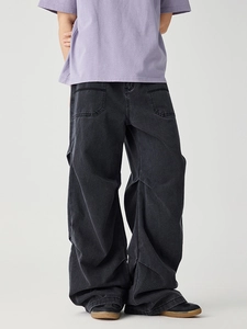 Vintage dark grey wide leg denim cargo pants with distressed wash and oversized pockets