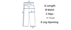 Size chart showing pants length, waist, hip, thigh and leg opening measurements for baggy pants