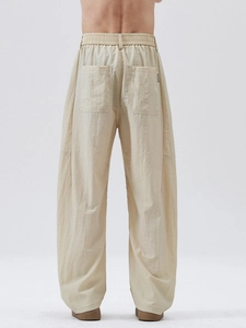 Lockere beige Lyocell-Hose für Herren mit weitem Bein und elastischem Kordelzugbund