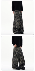 Detail view of multi-pocket camouflage cargo pants showing loose fit and street style texture