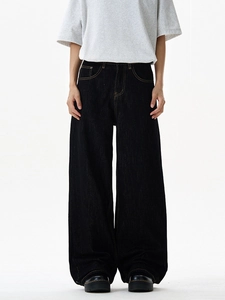 High street dark denim wide leg jeans with yellow contrast stitching and a relaxed fit