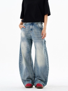 Men's retro light blue washed baggy wide leg jeans with vintage street style silhouette