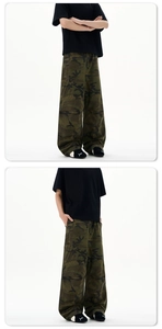 Detail of loose-fit camouflage cargo pants with street-style wide-leg design
