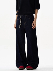High waist dark blue wide-leg denim jeans with classic stitching and silver chain detail