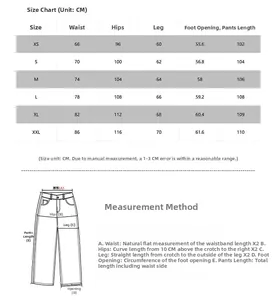Detailed size chart for retro blue flared jeans showing measurements from XS to XXL in CM