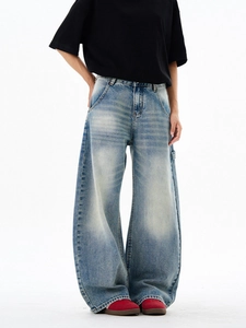 Retro light blue wide-leg denim jeans with a loose fit and washed American street style