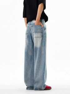 Men's retro light blue washed wide leg denim jeans with a loose streetwear fit