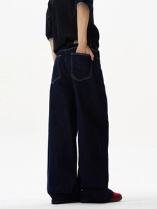 Deep blue wide-leg denim jeans with contrast stitching, shown from the back view