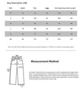 Detailed size chart for heavy washed tie-dye flared jeans showing measurements from XS to XXL