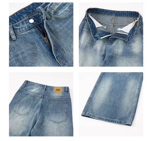 Detailed views of washed blue jeans showing metal button, zipper fly and branded leather patch