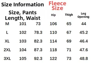 Tableau des tailles détaillé pour pantalons cargo doublés polaire avec dimensions