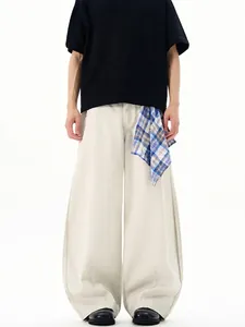 Men American High Street Loose Banana Pants Paris Grey Washed Wide Leg Trousers With Removable Plaid Patch Streetwear