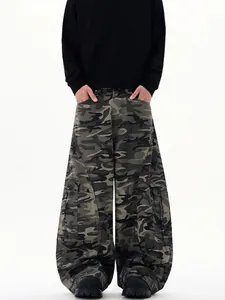 Men's Baggy Camouflage Cargo Pants Multi Pocket Streetwear Cotton Blend Curved Leg Loose Casual Trousers For Men