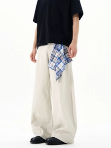 American style light gray curved leg baggy pants with plaid scarf detail for men and women
