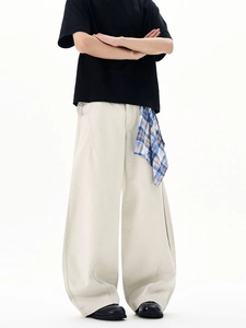 Men's high street vintage aesthetic curved wash grey trousers with wide-leg baggy fit