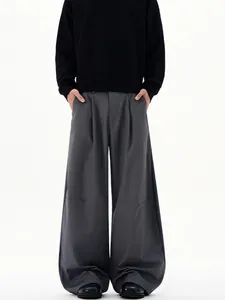Men Wide Leg Casual Pants Cleanfit Minimalist Drape Loose Curved Cut Pleated Trousers High Waist Solid Color Summer Fashion