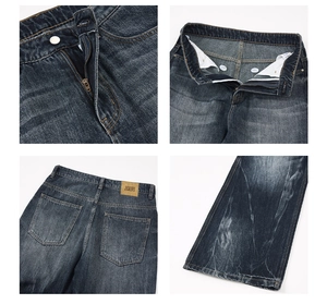 Detailing silver button, zipper, leather patch, and faded whiskering on vintage jeans