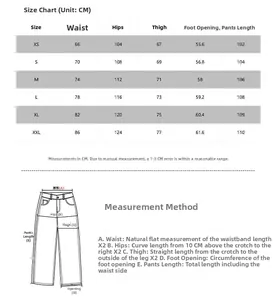 Detailed size chart for vintage wide-leg denim jeans ranging from XS to XXL in cm