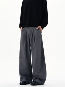 Men's grey wide-leg trousers with elegant drape and minimalist pleated front design