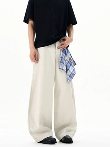 Men high street loose fit banana pants in light grey with decorative plaid fabric