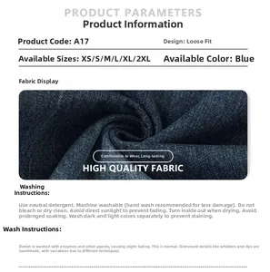 Detailed fabric texture and wash instructions for relaxed fit blue denim jeans model A17