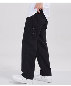 Detailed back view of black cargo pants featuring wide-leg cut and functional large side pockets
