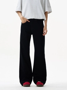 Men's high-waisted black wide-leg flared trousers in premium heavy denim fabric