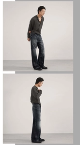 Detail showing vintage wash denim texture and loose fit tailoring for men