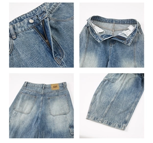 Detail shots of washed blue denim jeans showing stitching, leather patch, and metal hardware