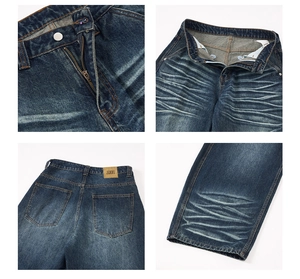 Detail shots of deep blue jeans showing whiskers wash, zipper, and leather brand tag