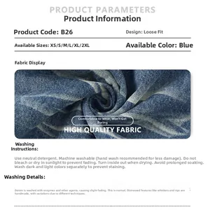 Detailed size chart and fabric parameters for blue loose-fit vintage distressed jeans