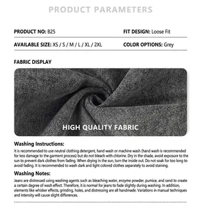 Makro-Stofftextur der gewaschenen grauen Banana-Cut-Jeans mit detaillierten Pflegehinweisen