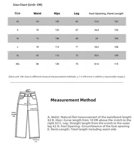 Detailed size chart for vintage distressed straight jeans showing waist and hip measurements