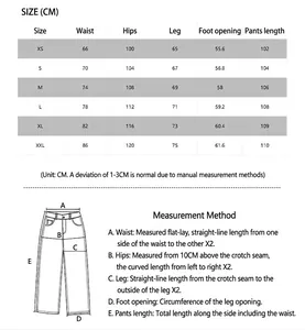 Detaillierte Größentabelle für verwaschene schwarze Baggy-Jeans, Maße von XS bis XXL