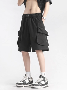 Men's black cargo shorts with tactical belt and large utility pockets for outdoor wear