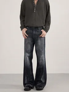 Men's Vintage Washed Blue Grey Wide Leg Jeans Distressed Denim Pants Retro Loose Fit Straight Casual Trousers For Youth