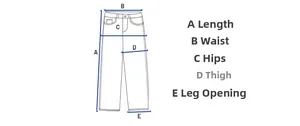 Tabella taglie con punti di misurazione per vita, fianchi e lunghezza dei pantaloni