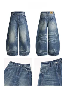 Detailed views of vintage blue wide-leg jeans featuring heavy washing and cat whiskers