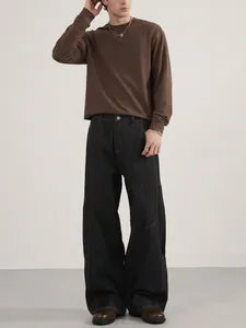 Men's Retro Wide Leg Jeans Loose Fit Contrast Stitching Denim Pants Straight Cut American Streetwear Baggy Trousers