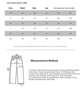 Tableau des tailles pour jeans baggy indiquant la taille, les hanches et la longueur en cm