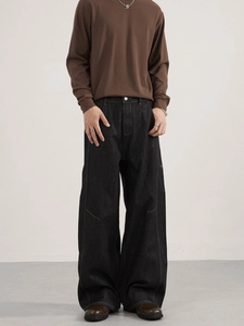 Retro wide-leg high-waist jeans in dark grey with diagonal contrast stitching detail