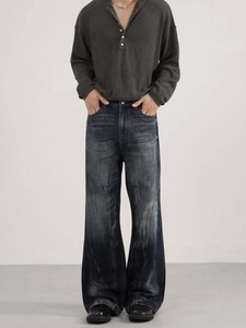 Vintage tie-dye blue-grey slim flare jeans with distressed wash and whiskers pattern