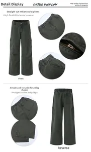 Detailed front and back view of retro cargo pants with elastic waist and straight leg fit