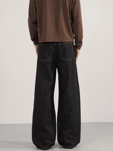 Retro loose wide-leg denim jeans in dark black with yellow contrast stitching back view