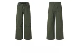 Front and back detail of dark green cargo pants with double knee panels and loose fit