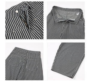 Detailed views of striped retro wide-leg pants showing metal zipper and back pockets